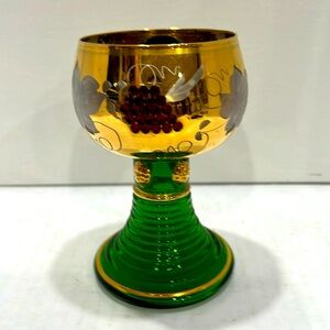Large Vintage GERMAN ROEMER GOLDEN JEWELS EMERAL GREEN STEM BEAUTIFUL GOLD glass